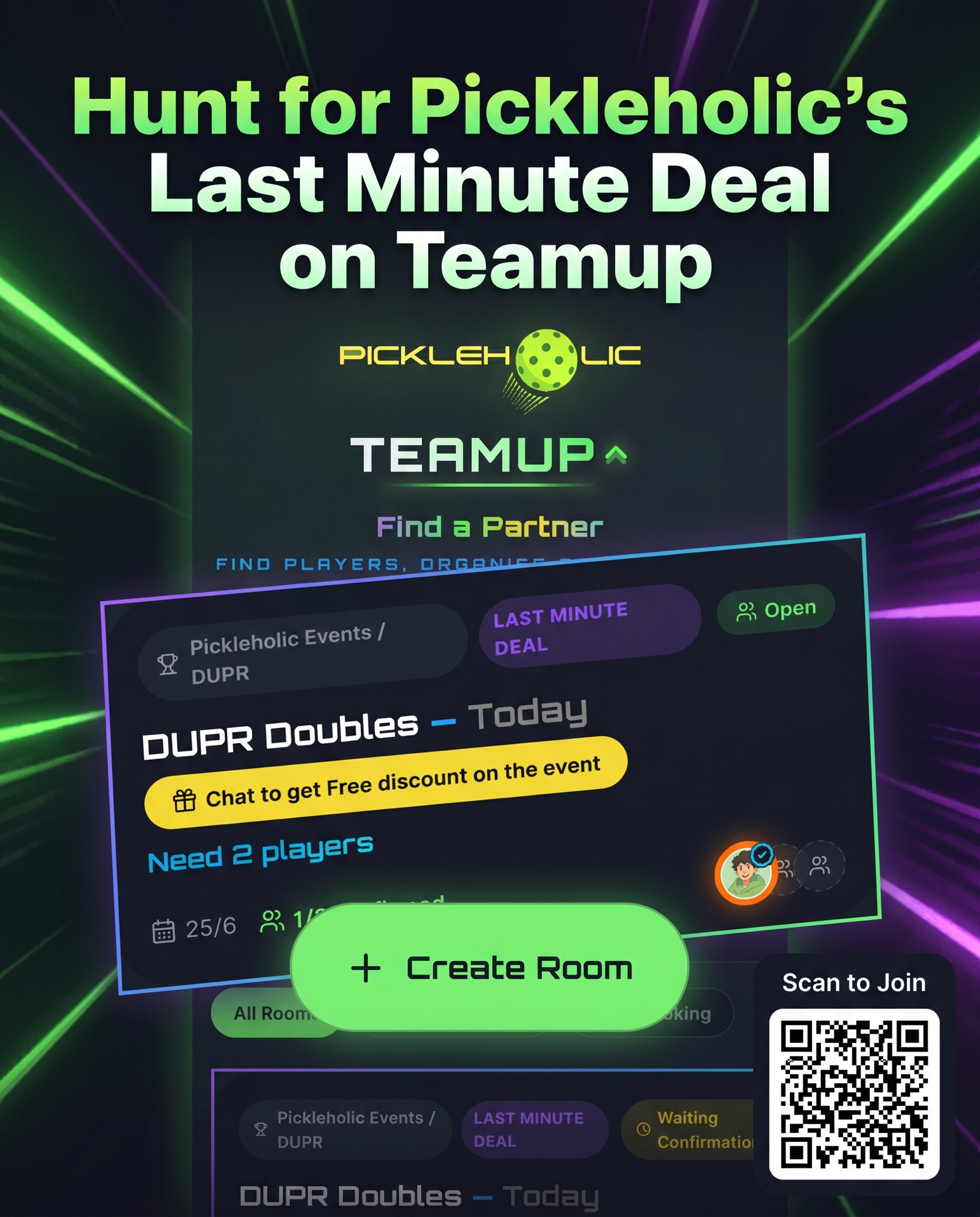 Hunt for Pickleholic's Last Minute Deal on TeamUp — scan the QR code to join